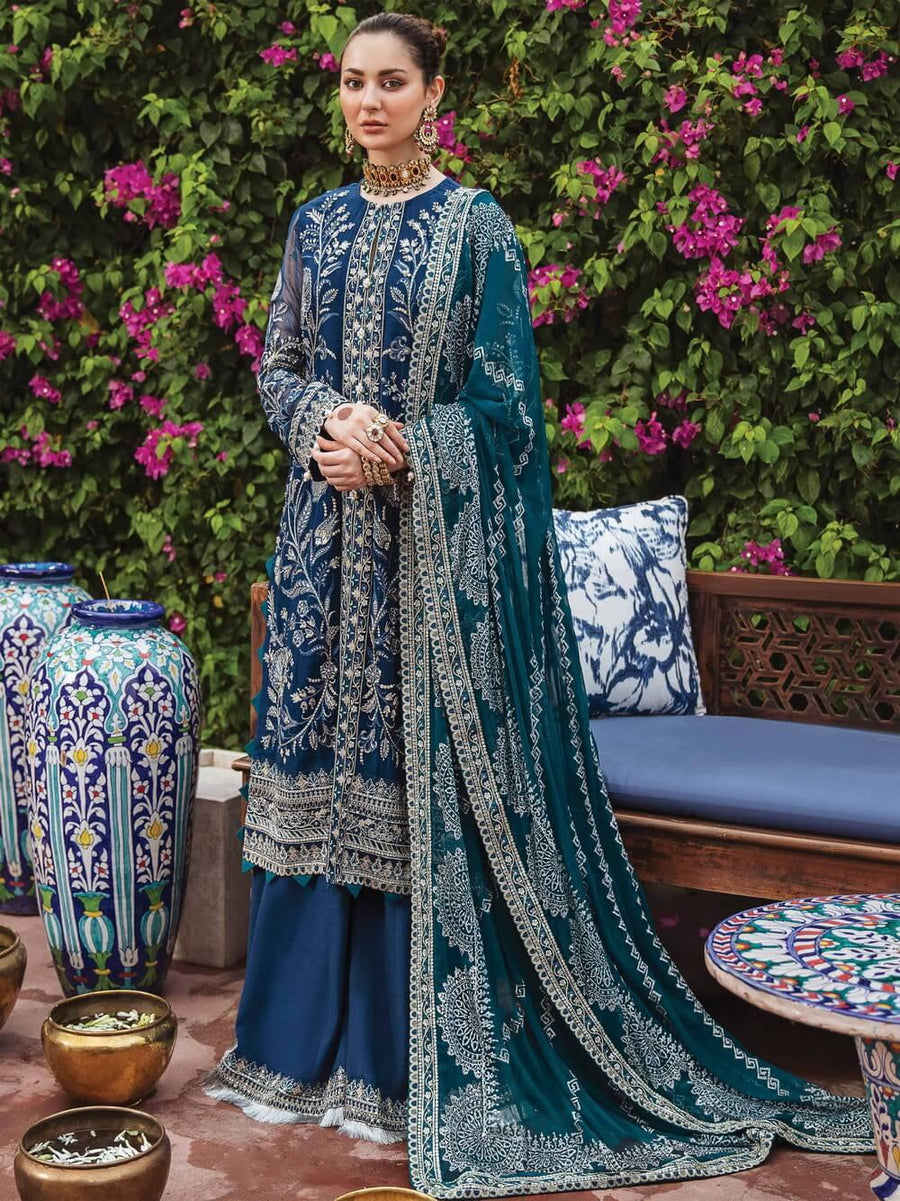 Afrozeh Shehnai Wedding Formals Embroidered 3Pc Suit D-08 Laajwardi - FaisalFabrics.pk