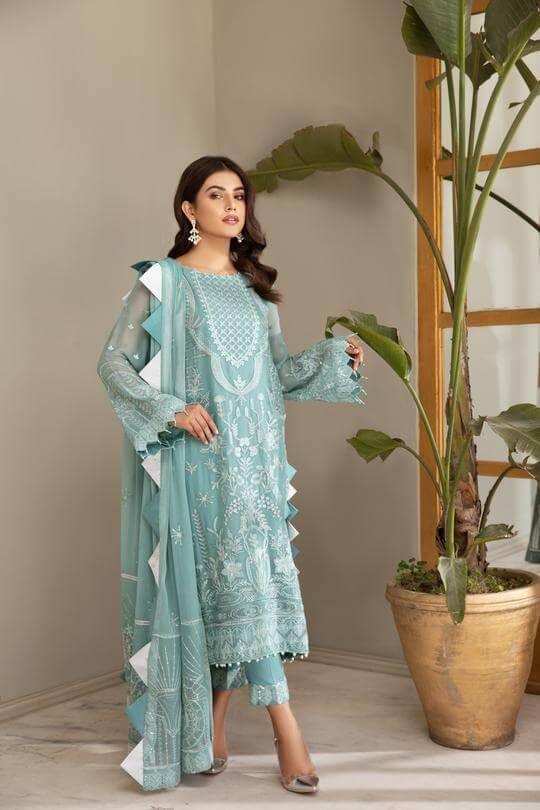 Alizeh Fashion Mahyar Embroidered Festive Chiffon 3PCS Suit D-08 Ferozé - FaisalFabrics.pk
