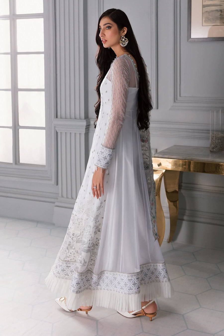 Jazmin Iris Luxury Formal Chiffon Unstitched 3PC Suit D-08 ICE WHITE - FaisalFabrics.pk