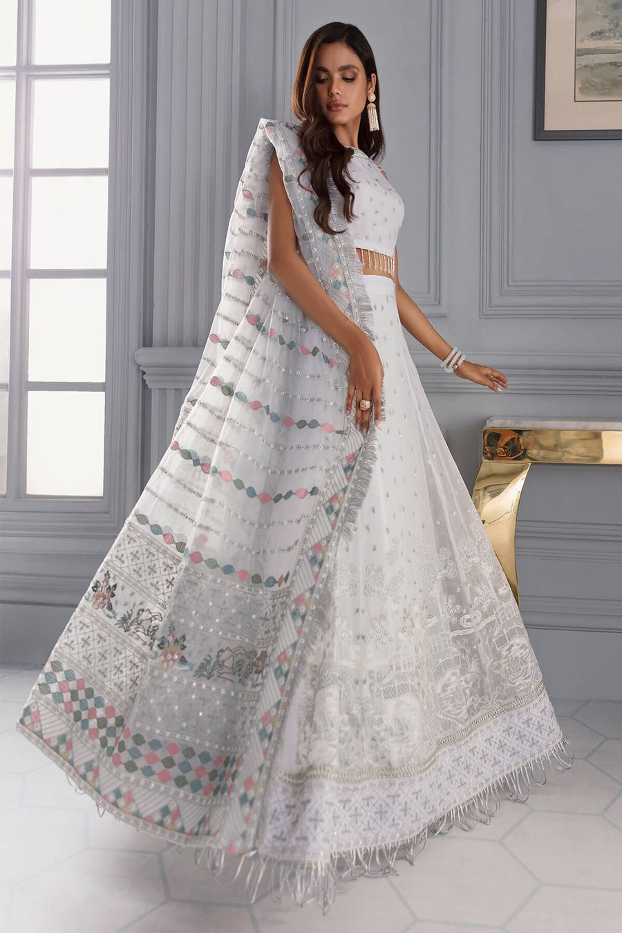 Jazmin Iris Luxury Formal Chiffon Unstitched 3PC Suit D-08 ICE WHITE - FaisalFabrics.pk
