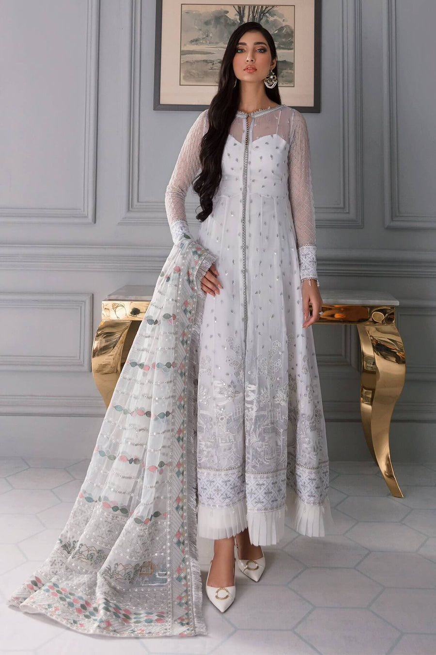 Jazmin Iris Luxury Formal Chiffon Unstitched 3PC Suit D-08 ICE WHITE - FaisalFabrics.pk