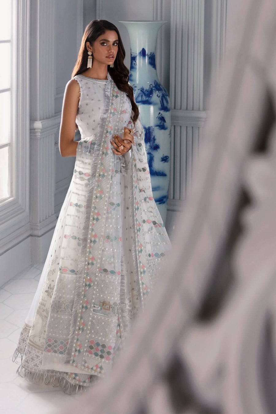 Jazmin Iris Luxury Formal Chiffon Unstitched 3PC Suit D-08 ICE WHITE - FaisalFabrics.pk