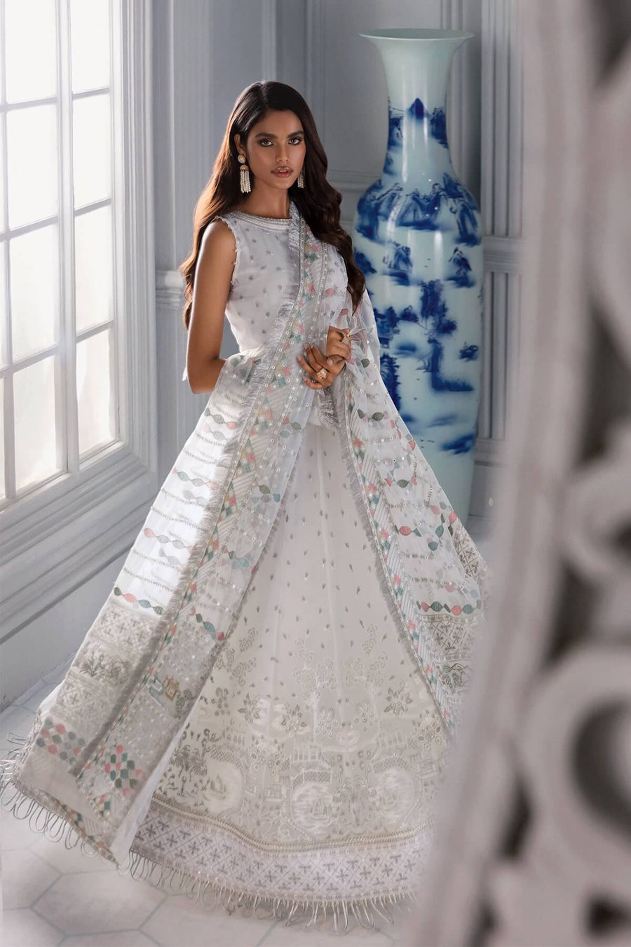 Jazmin Iris Luxury Formal Chiffon Unstitched 3PC Suit D-08 ICE WHITE - FaisalFabrics.pk