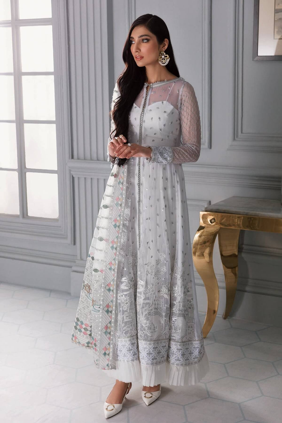Jazmin Iris Luxury Formal Chiffon Unstitched 3PC Suit D-08 ICE WHITE - FaisalFabrics.pk