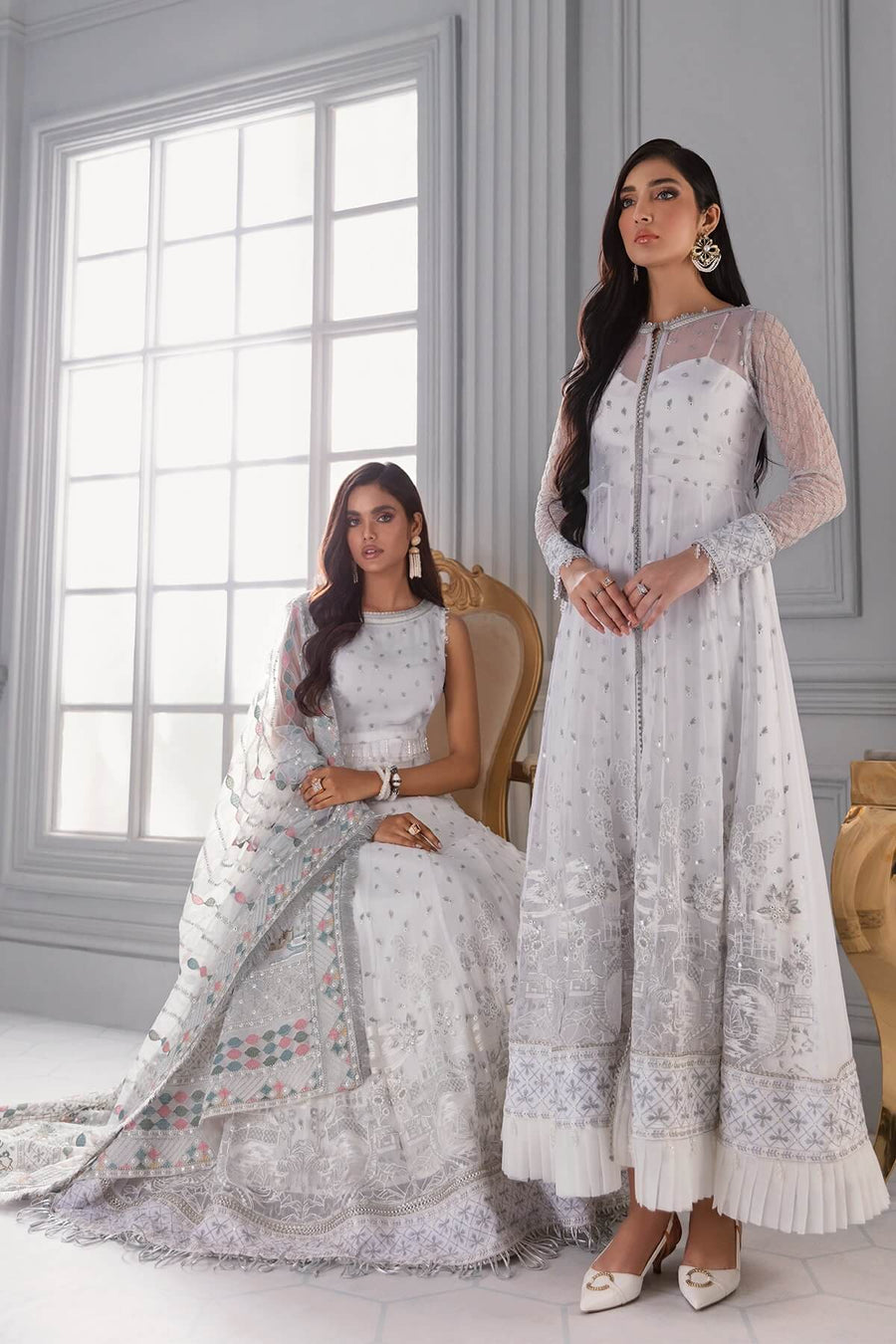 Jazmin Iris Luxury Formal Chiffon Unstitched 3PC Suit D-08 ICE WHITE - FaisalFabrics.pk