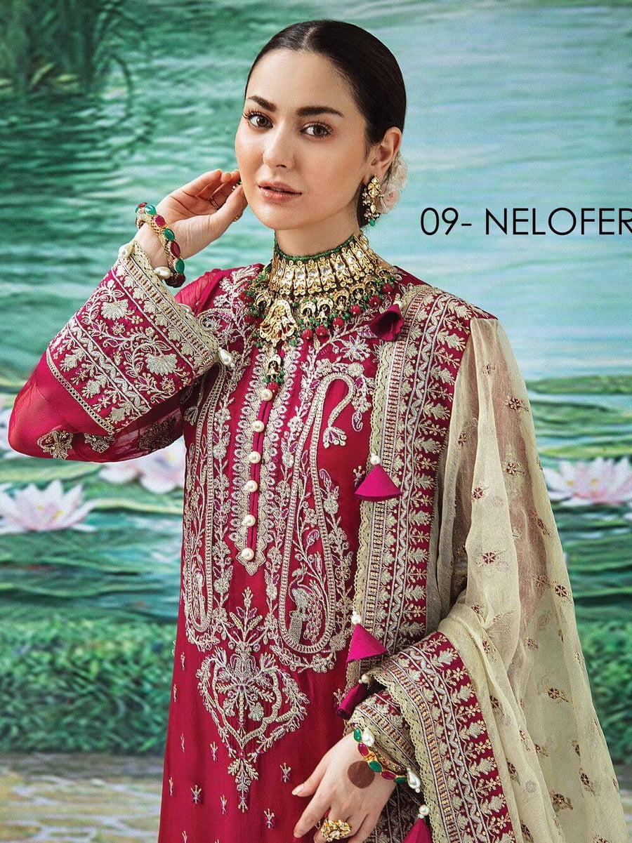 Afrozeh Shehnai Wedding Formals Embroidered 3Pc Suit D-09 Neloferi - FaisalFabrics.pk