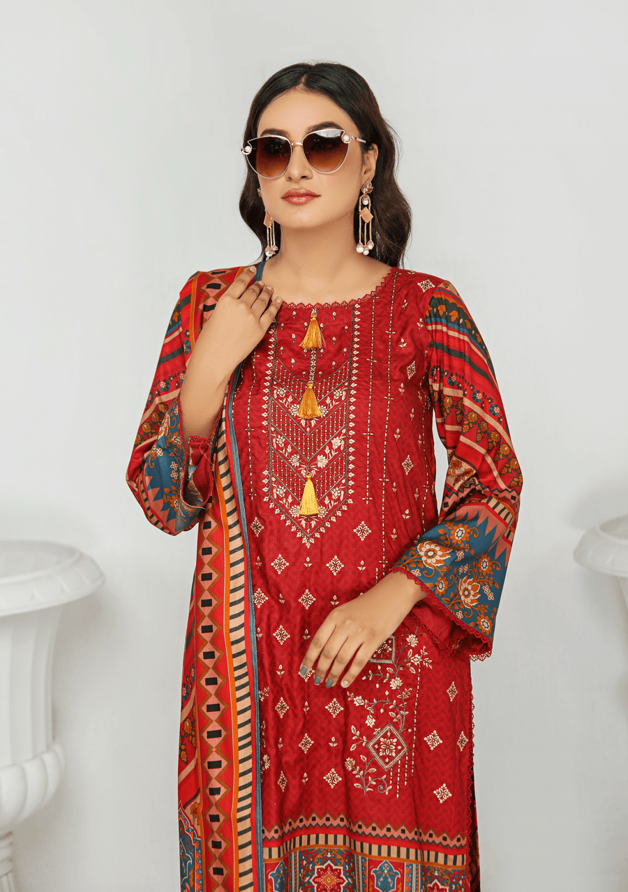 Florence Vol-10 Embroidered Staple Linen Unstitched 3Pc Suit D-09
