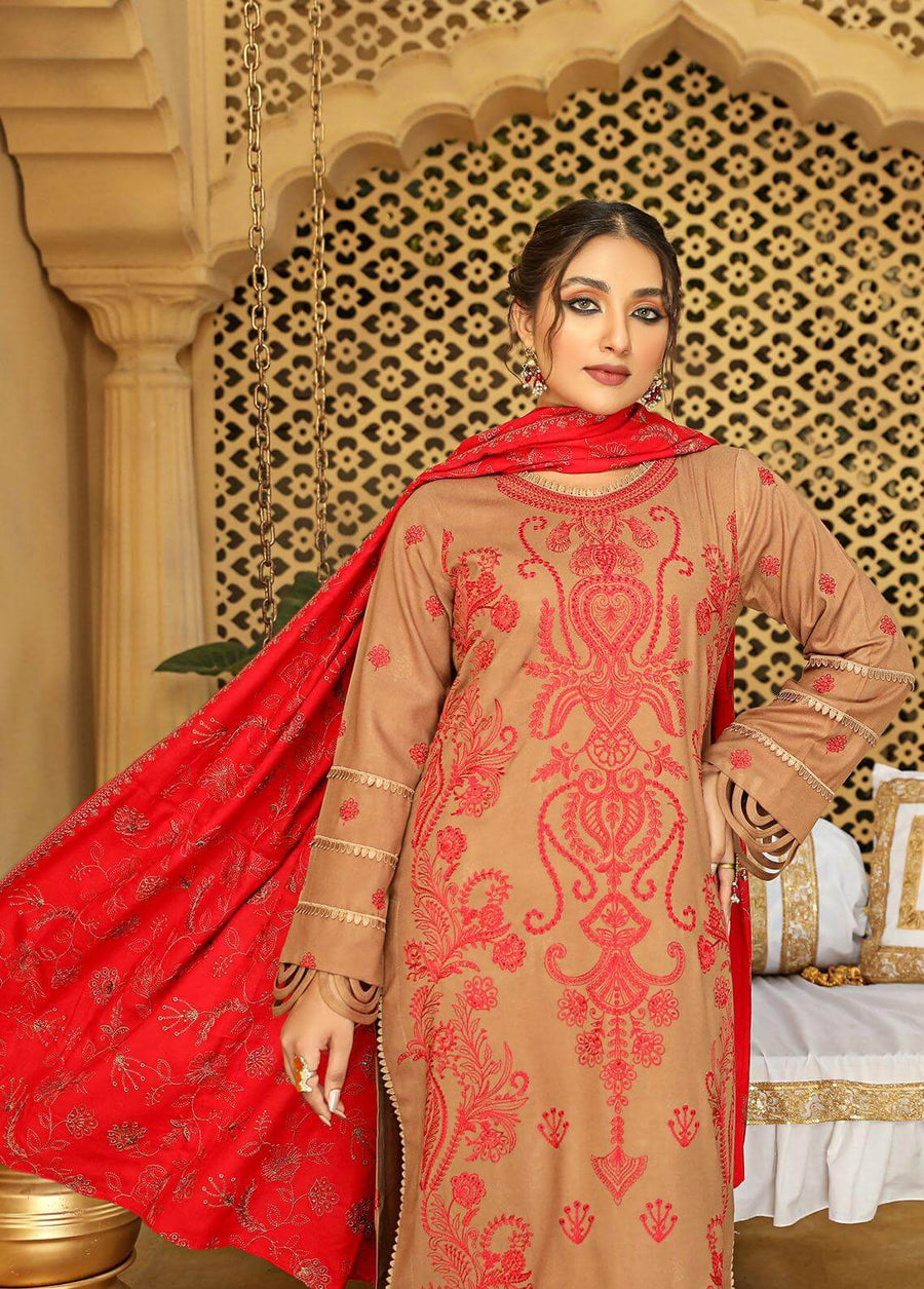 AKS by Humdum Unstitched Embroidered Woolen Peach 3Pc Suit D-09
