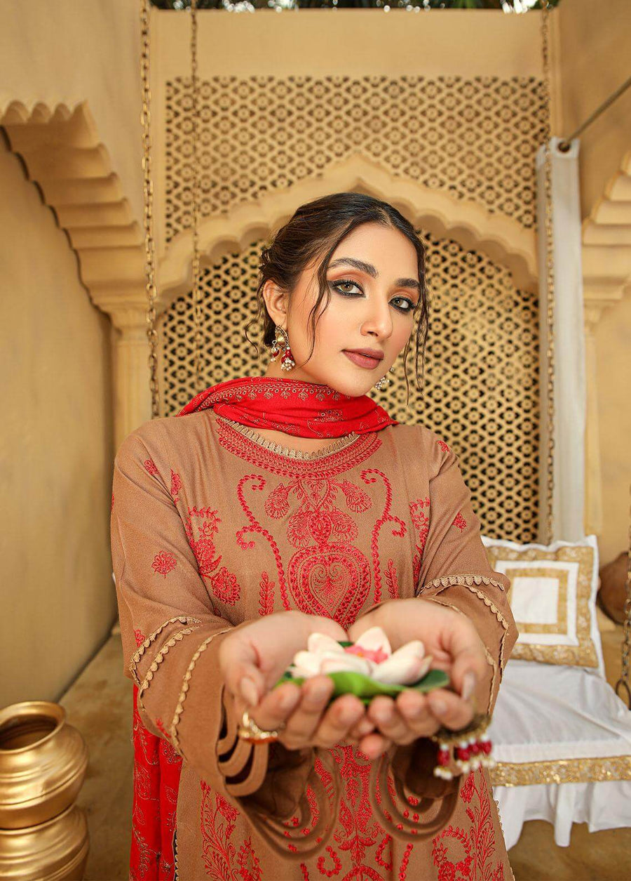 AKS by Humdum Unstitched Embroidered Woolen Peach 3Pc Suit D-09