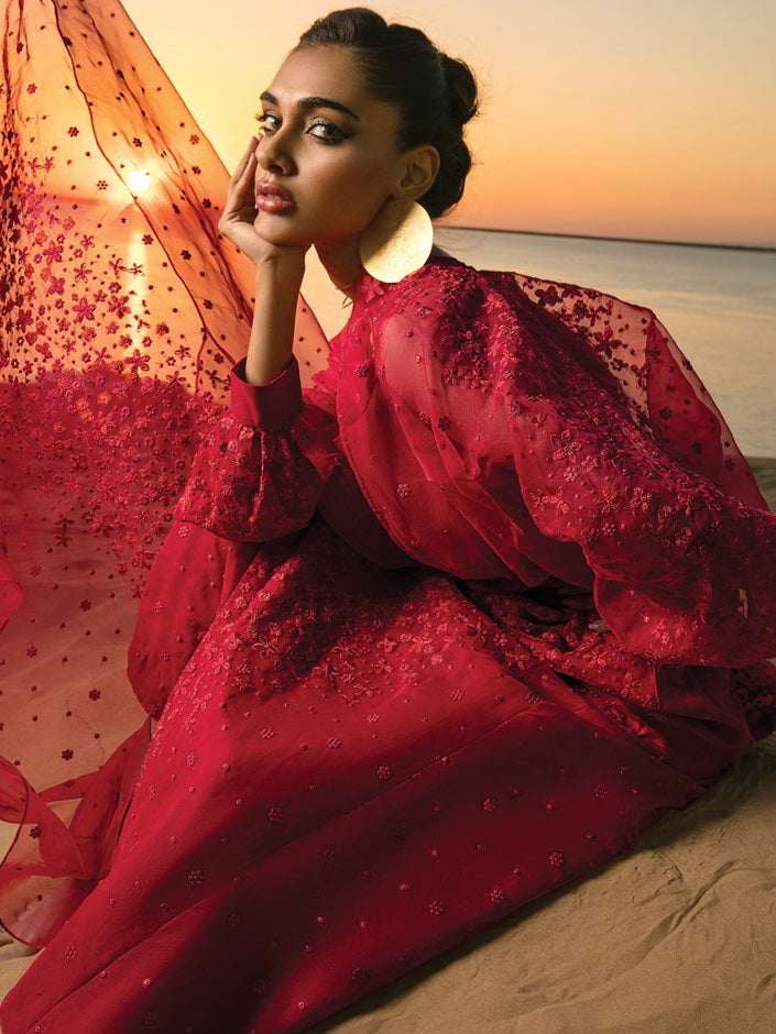 Rang Rasiya Premium Lawn Embroidered Unstitched 3Pc Suit D-09 Scarlet