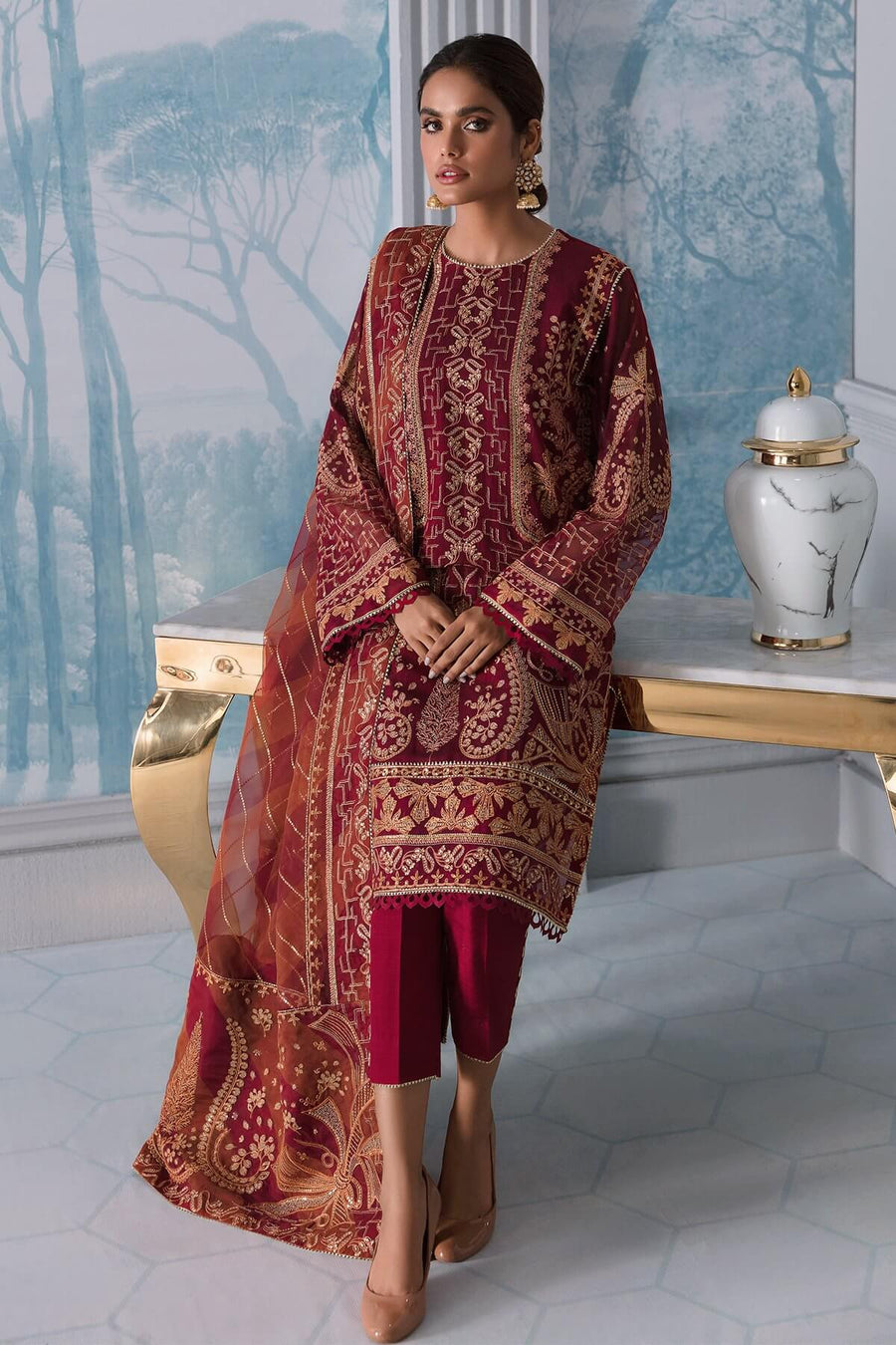 Jazmin Iris Luxury Formal Khaadi Net Unstitched 3PC Suit D-09 ALOHA - FaisalFabrics.pk