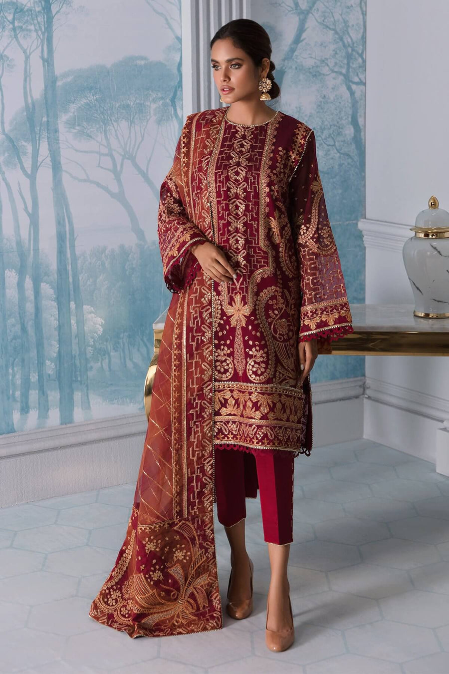 Jazmin Iris Luxury Formal Khaadi Net Unstitched 3PC Suit D-09 ALOHA - FaisalFabrics.pk