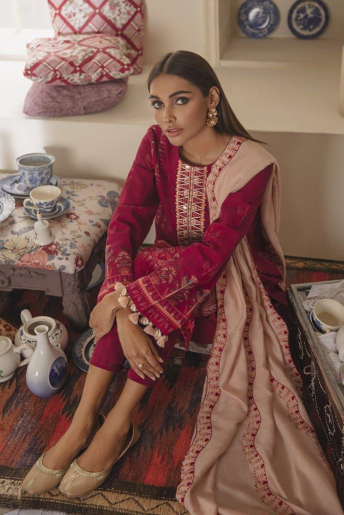 Cross Stitch Manzil Digital Printed Khaddar 3pc Suit D-09 Rosy Radiance - FaisalFabrics.pk
