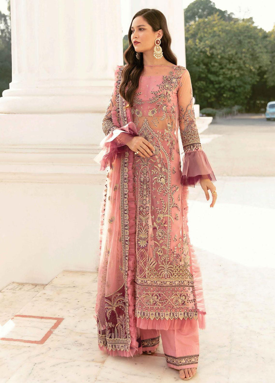 Afrozeh La Fushia Unstitched Luxury Chiffon 3Pc Suit LF-09 Rose Shell Pink - FaisalFabrics.pk