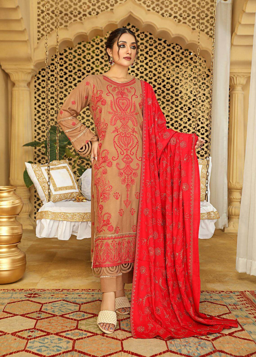 AKS by Humdum Unstitched Embroidered Woolen Peach 3Pc Suit D-09