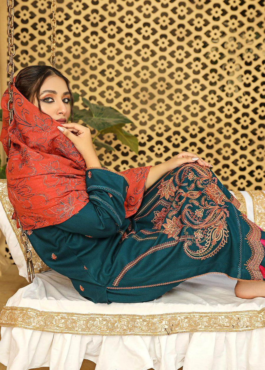 AKS by Humdum Unstitched Embroidered Woolen Peach 3Pc Suit D-10