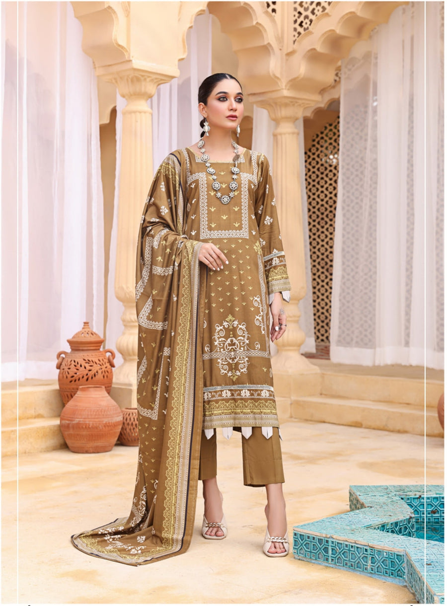 Al Kareem Shazmeen Prints Slub Linen Unstitched 3Pc Suit D-10