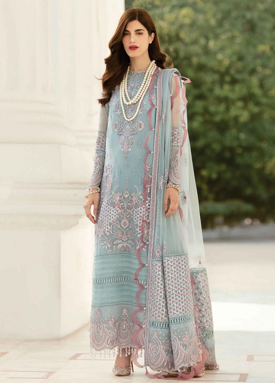 Afrozeh La Fushia Unstitched Luxury Chiffon 3Pc Suit LF-10 Serene Sky - FaisalFabrics.pk