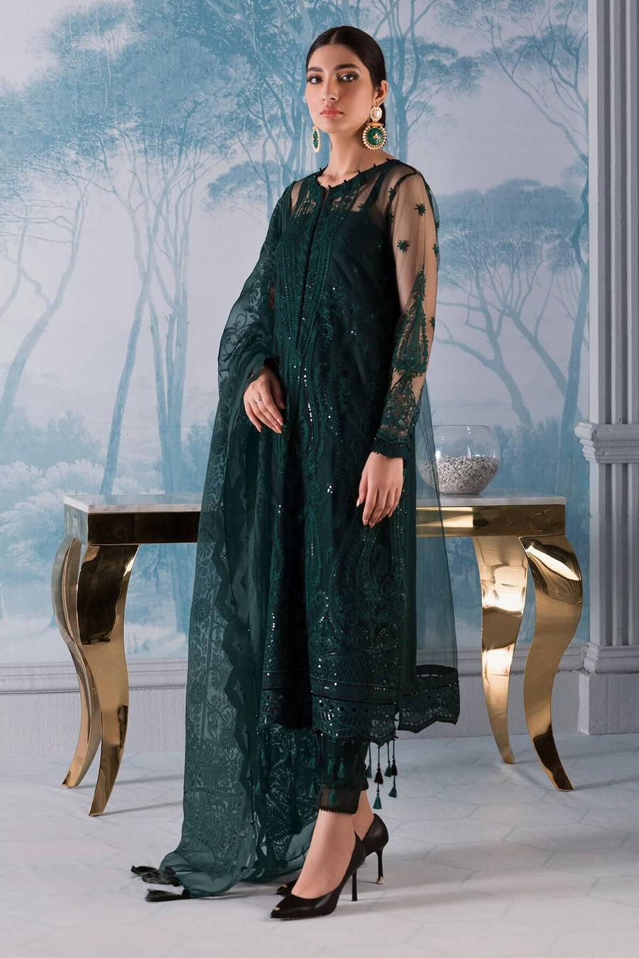 Jazmin Iris Luxury Formal Net Unstitched 3PC Suit D-11 GREEN SPARK - FaisalFabrics.pk