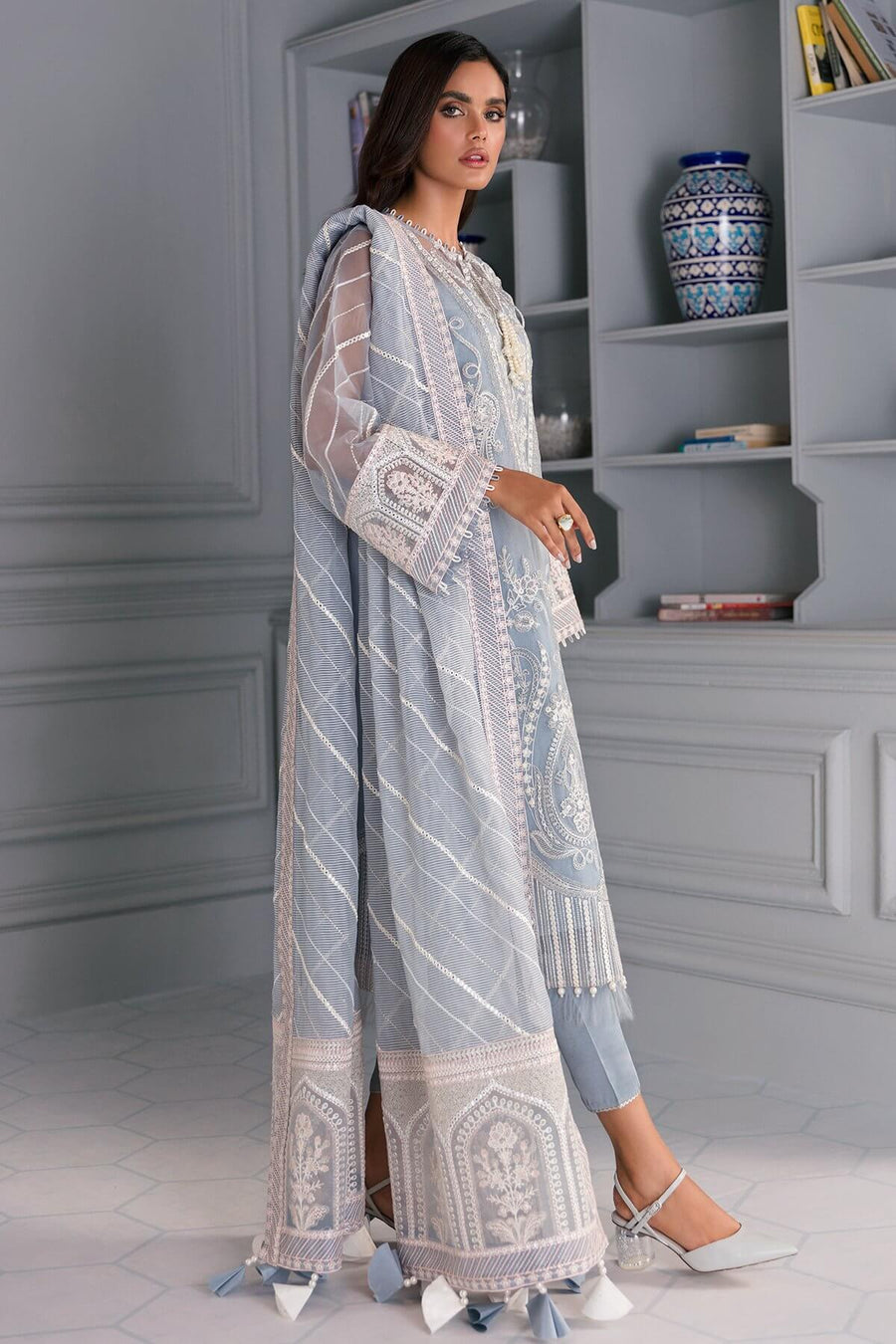 Jazmin Iris Luxury Formal Organza Unstitched 3PC Suit D-12 CELENE - FaisalFabrics.pk