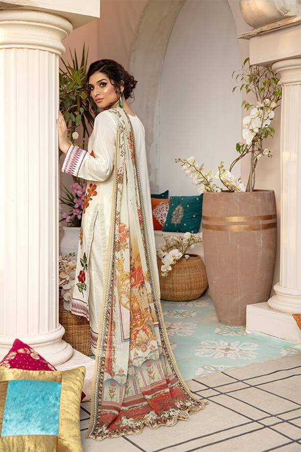 Zoha Festive Premium Embroidered Lawn Unstitched 3pc Suit D95-Off White - FaisalFabrics.pk