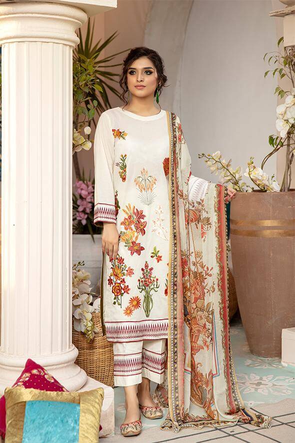 Zoha Festive Premium Embroidered Lawn Unstitched 3pc Suit D95-Off White - FaisalFabrics.pk