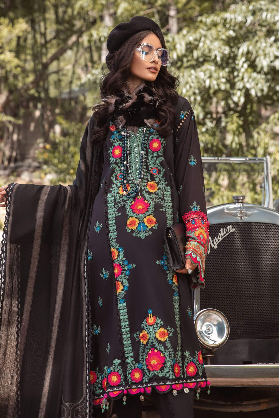 Maria B Winter Linen Unstitched Embroidered 3Pc Suit DL-1007-Black