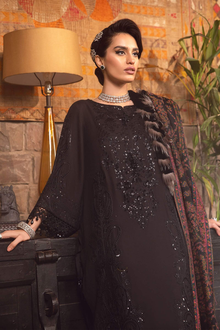 Maria B Winter Linen Unstitched Embroidered 3Pc Suit DL-1012-Black