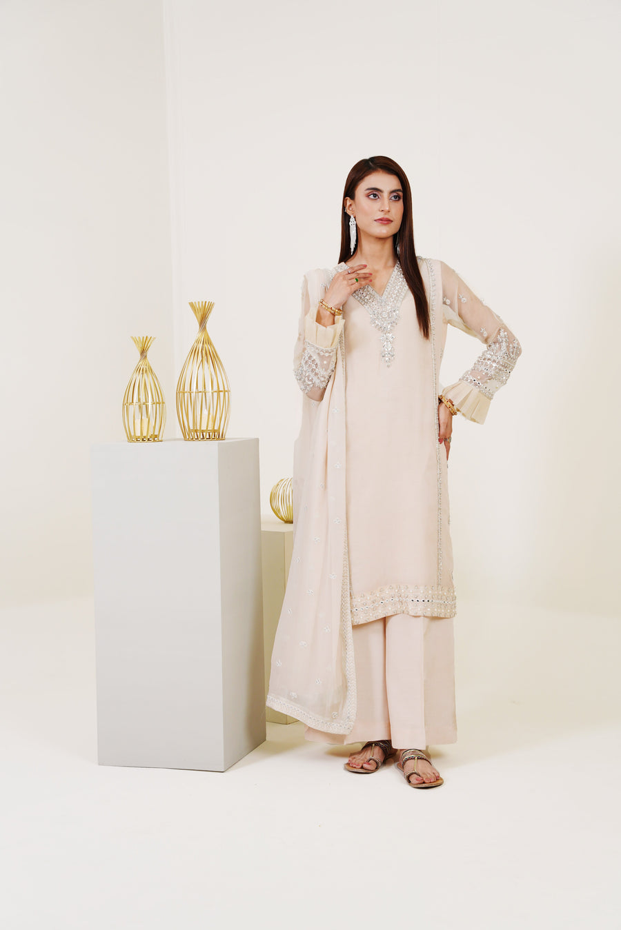 Surmai Festive Story Premium Luxury Pret Embroidered Organza 3PC Suit - PearlWhite