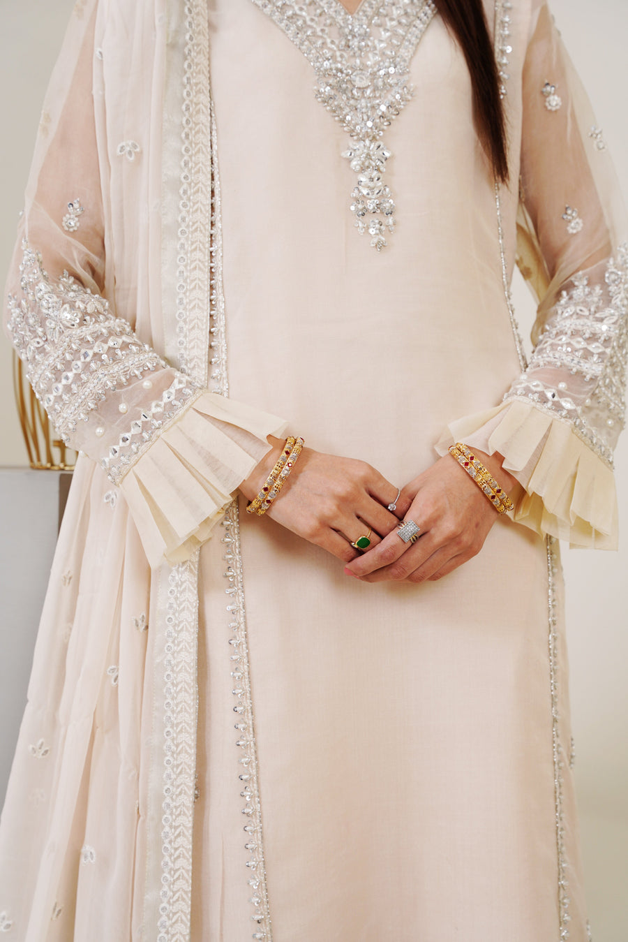Surmai Festive Story Premium Luxury Pret Embroidered Organza 3PC Suit - PearlWhite