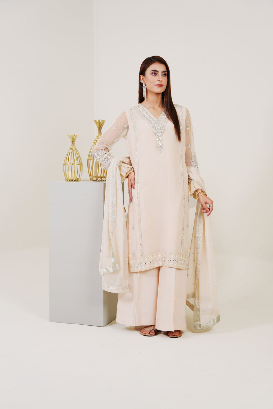 Surmai Festive Story Premium Luxury Pret Embroidered Organza 3PC Suit - PearlWhite