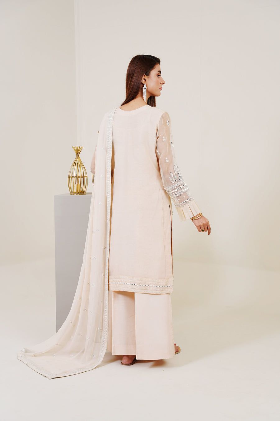 Surmai Festive Story Premium Luxury Pret Embroidered Organza 3PC Suit - PearlWhite