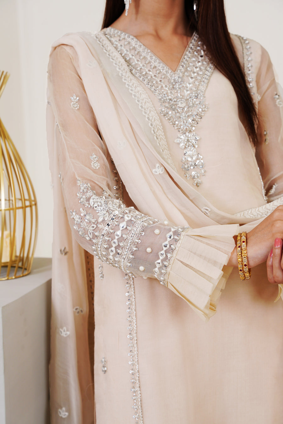 Surmai Festive Story Premium Luxury Pret Embroidered Organza 3PC Suit - PearlWhite