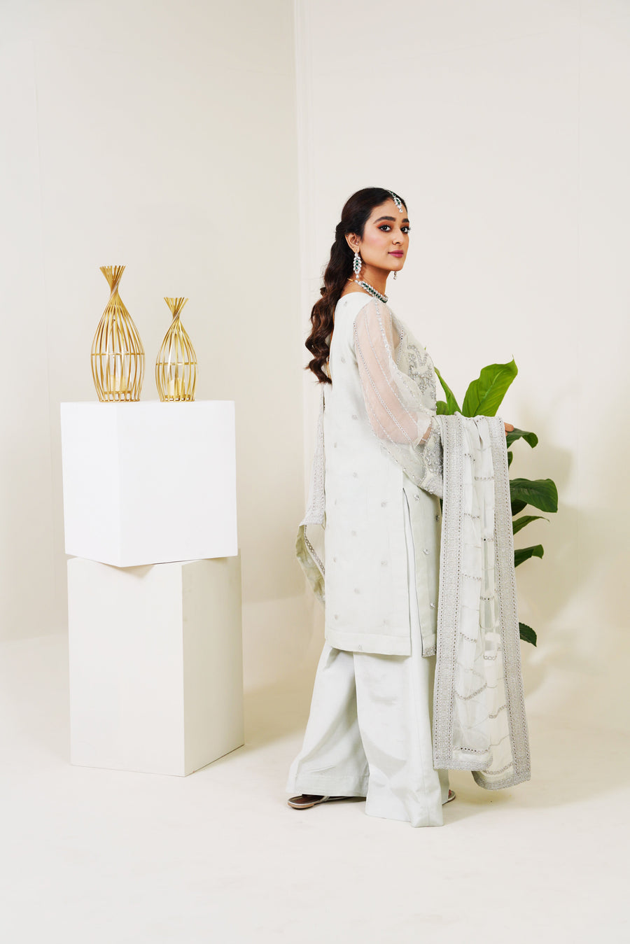 Surmai Festive Story Premium Luxury Pret Embroidered Organza 3PC Suit - Mist