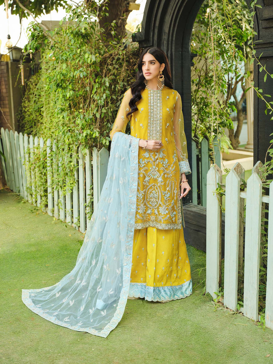 Nuriyaa Gusel Luxury Formal Embroidered Net 4 Piece Suit - Azure