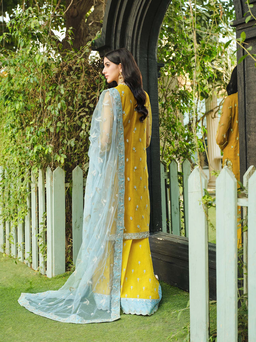 Nuriyaa Gusel Luxury Formal Embroidered Net 4 Piece Suit - Azure