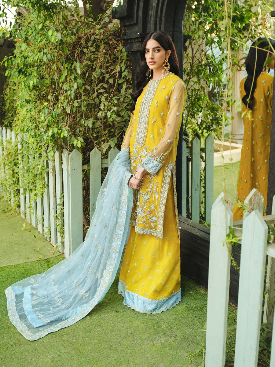 Nuriyaa Gusel Luxury Formal Embroidered Net 4 Piece Suit - Azure