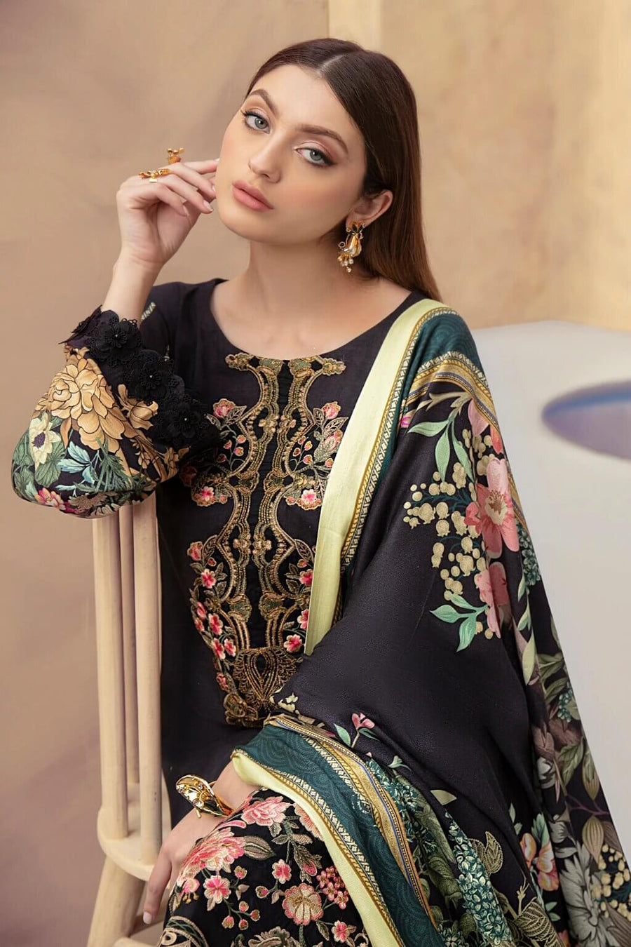 Dastoor by Ramsha Luxury Linen Embroidered Unstitched 3Pc Suit E-104 - FaisalFabrics.pk