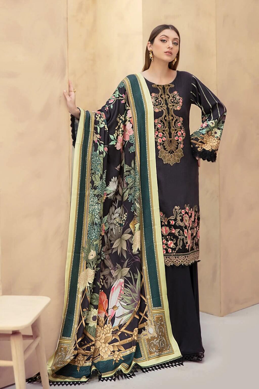 Dastoor by Ramsha Luxury Linen Embroidered Unstitched 3Pc Suit E-104 - FaisalFabrics.pk