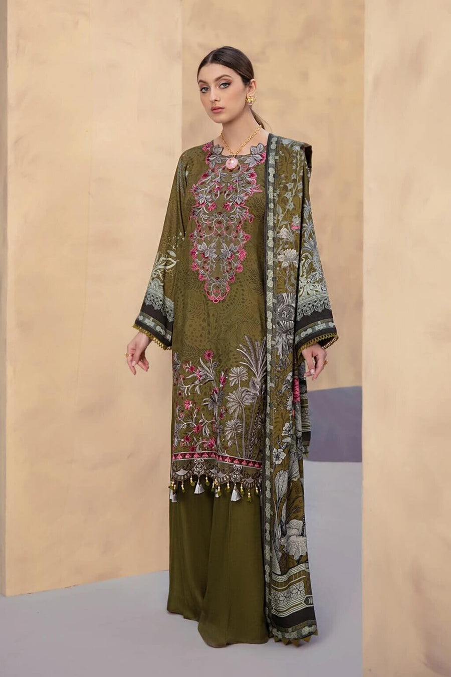 Dastoor by Ramsha Luxury Linen Embroidered Unstitched 3Pc Suit E-108 - FaisalFabrics.pk
