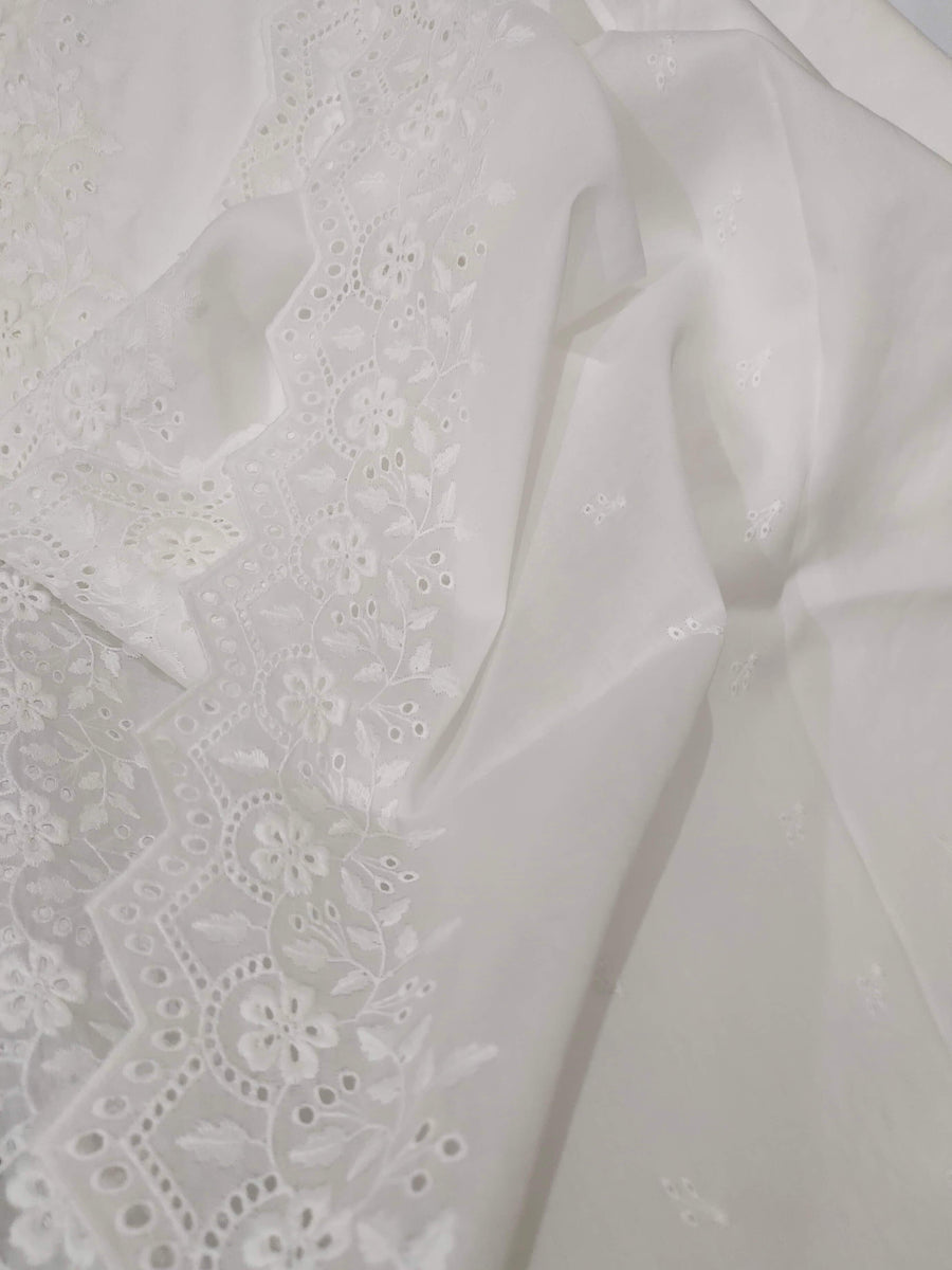 White Chikankari Embroidered Shawl Cotton Lawn Fabric DP-02 - FaisalFabrics.pk