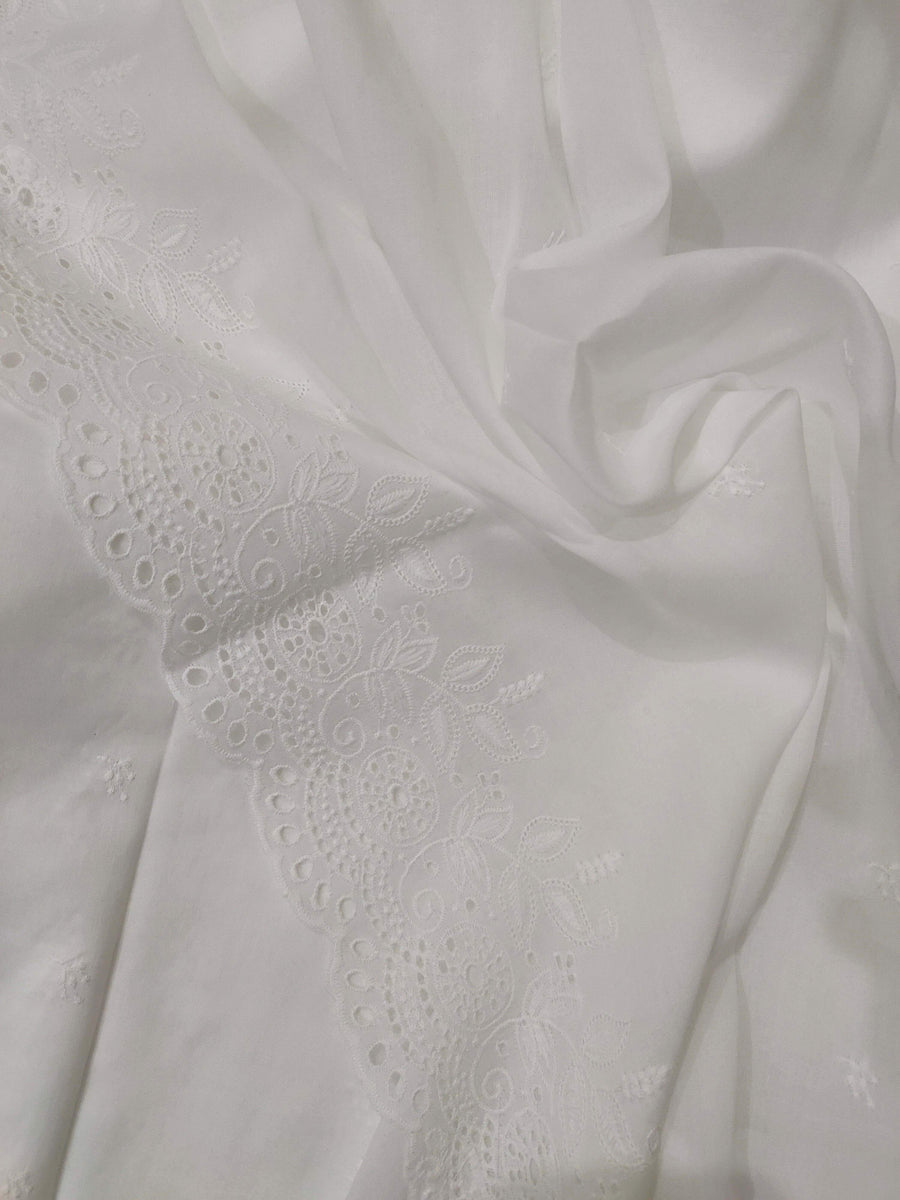 White Chikankari Embroidered Shawl Cotton Lawn Fabric DP-03 - FaisalFabrics.pk