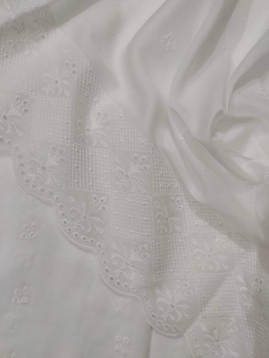 White Chikankari Embroidered Shawl Cotton Lawn Fabric DP-04 - FaisalFabrics.pk
