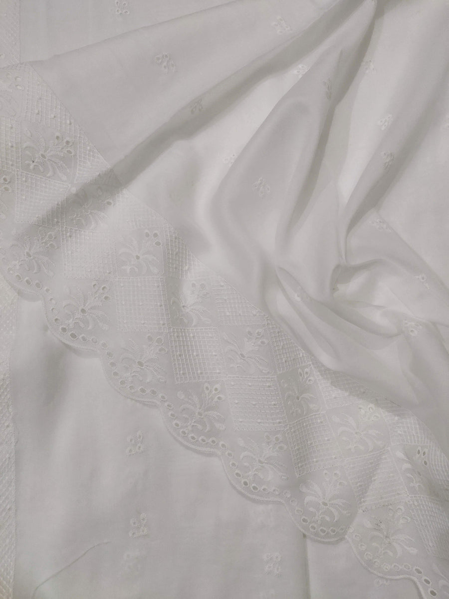 White Chikankari Embroidered Shawl Cotton Lawn Fabric DP-04 - FaisalFabrics.pk