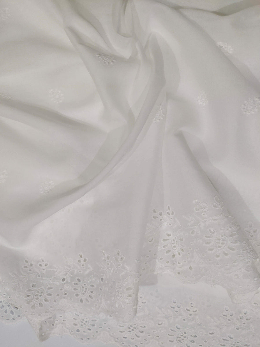 White Chikankari Embroidered Shawl Cotton Lawn Fabric DP-05 - FaisalFabrics.pk