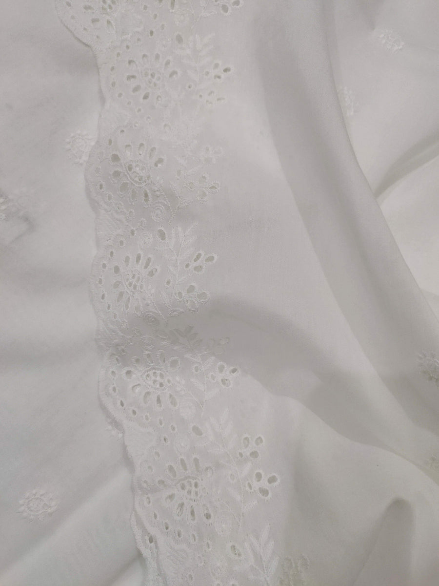 White Chikankari Embroidered Shawl Cotton Lawn Fabric DP-05 - FaisalFabrics.pk
