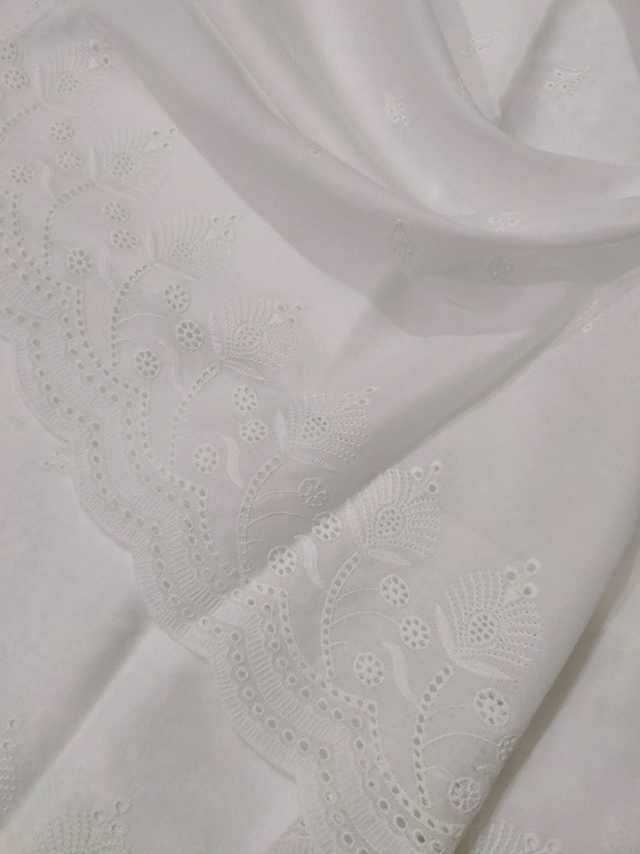 White Chikankari Embroidered Shawl Cotton Lawn Fabric DP-10 - FaisalFabrics.pk