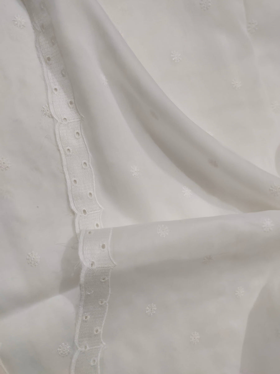 White Chikankari Embroidered Shawl Cotton Lawn Fabric DP-13 - FaisalFabrics.pk