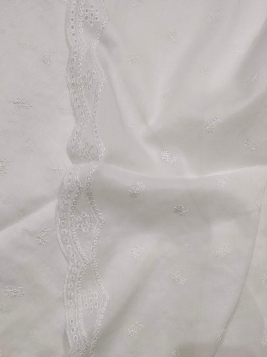 White Chikankari Embroidered Shawl Cotton Lawn Fabric DP-14 - FaisalFabrics.pk