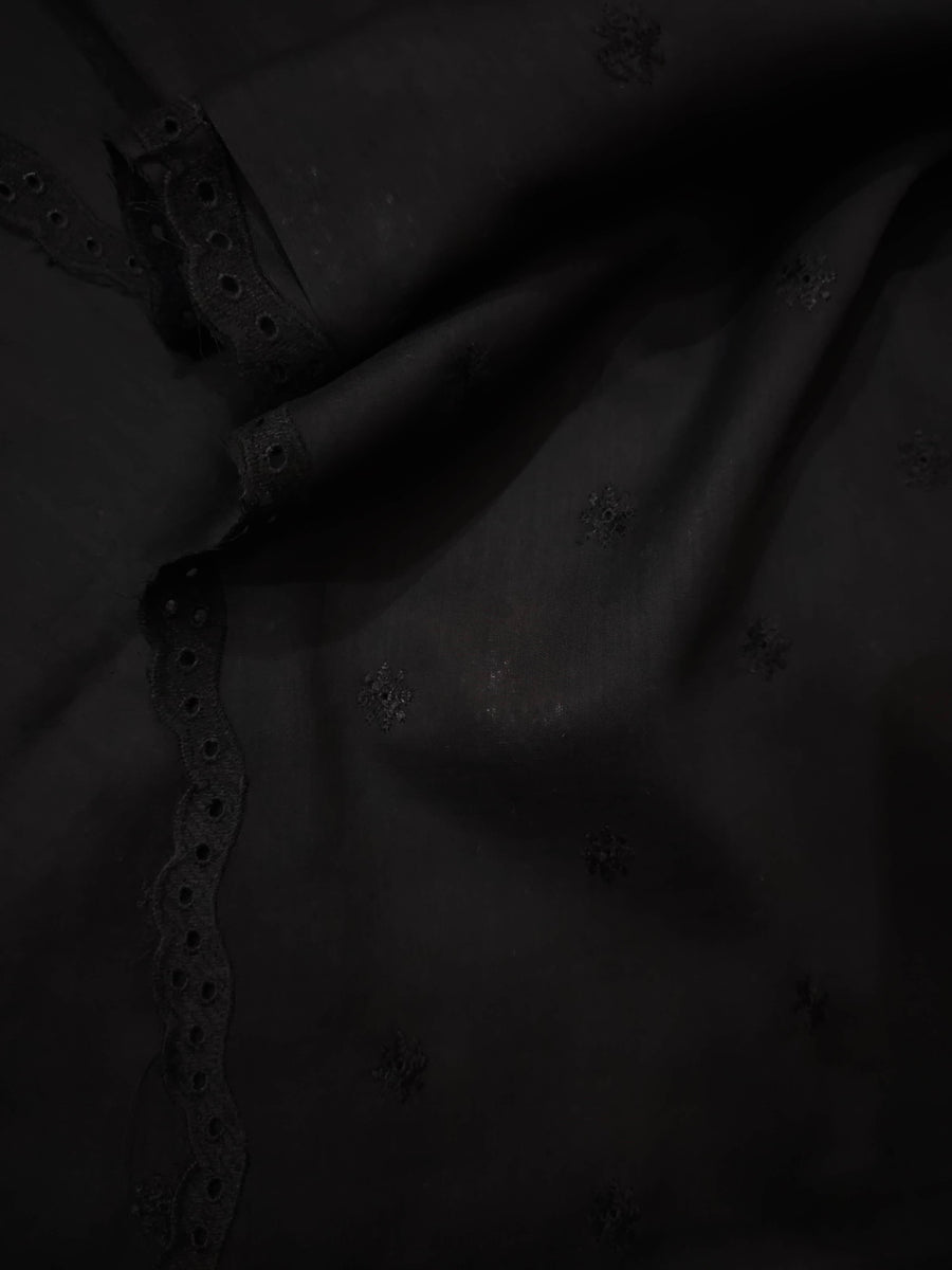 Jet Black Chikankari Embroidered Border Shawl Cotton Lawn Fabric DP-18 - FaisalFabrics.pk